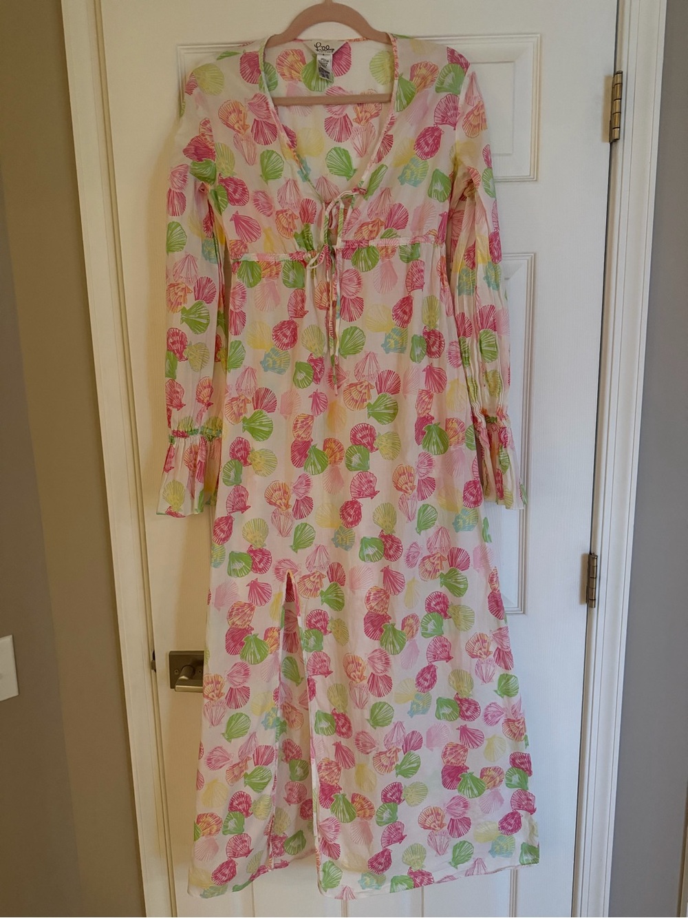 Vintage Lilly Pulitzer white label seashell print coverup long sleeve maxi dress